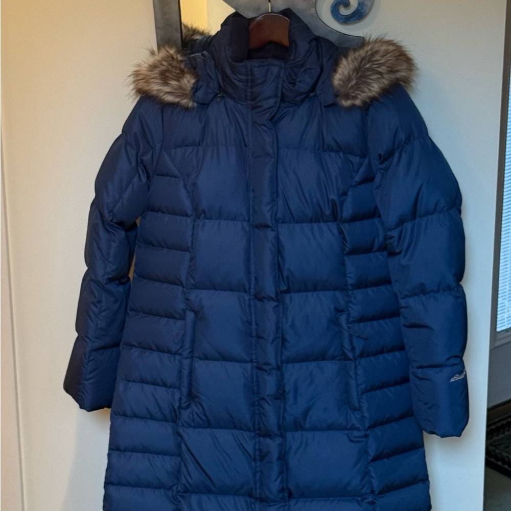 Eddie Bauer Blue Puffer Coat with Faux Fur Trim